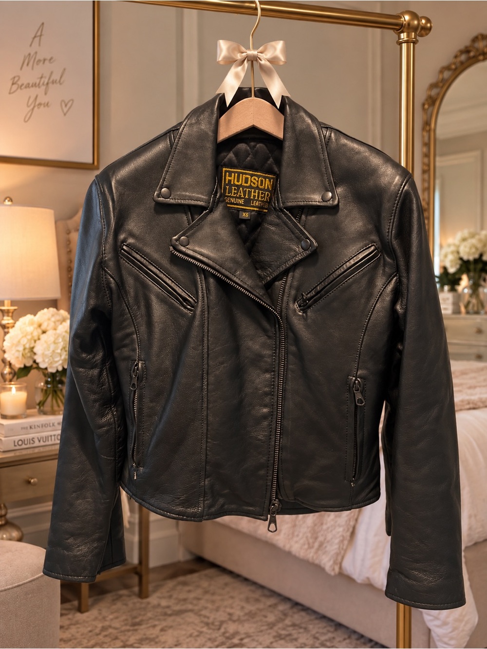 Vintage Hudson Leather Black Genuine Leather Moto Biker Motorcycle Jacket